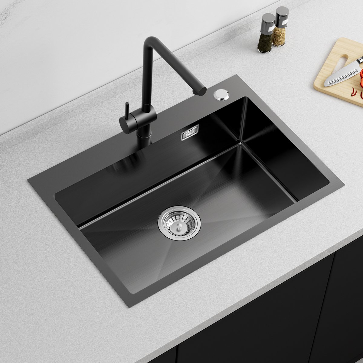 Auralum max Spoelbak Antraciet – Spoelbak Keuken - Spoelbak Met Kraangat – Spoelbakken Keuken - RVS gootsteen Inbouw gootsteen Sifon - 65x45cm