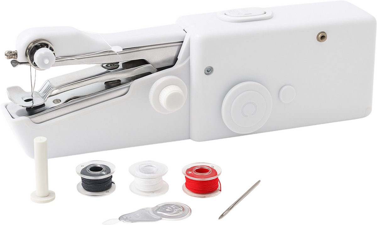 Handnaaimachine met dubbele inrijgen, mini-naaimachine, handnaaimachine, elektrische naaimachine, snel te naaien, geschikt voor kleding, stoffen gordijnen, doe-het-zelfhuishouden en reizen (wit