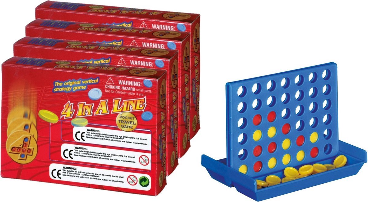 BORVAT® 4‑in‑1 Reisspel “4 Op Een Rijtje” – Compact Denkspel 10,3 × 14,3 × 3,3 cm – Voor Kinderen & Volwassenen