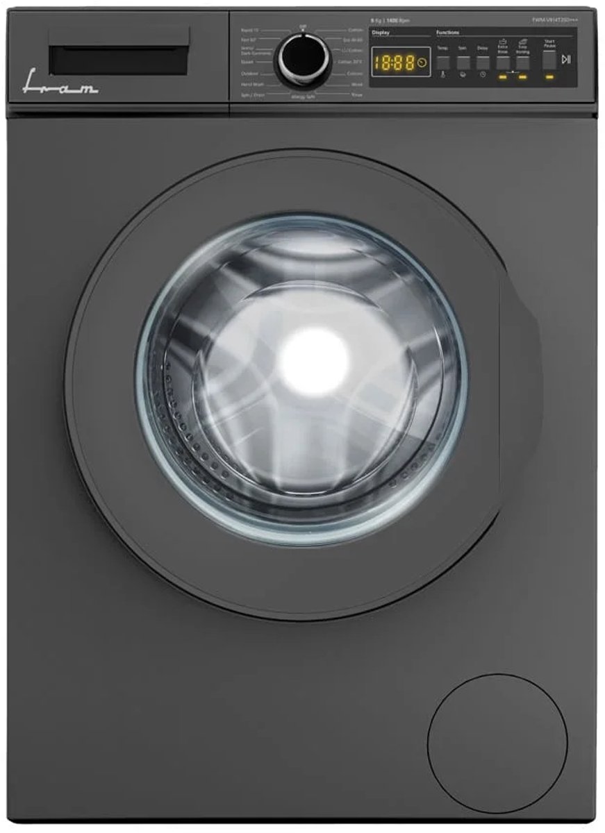 Fram FWM-V814T2SD+++ Wasmachine – 8 kg – 15 Wasprogramma’s – LED Display – 1400 tpm – Allergieprogramma – Anti Kreuk – Kinderslot – 5 Jaar Garantie – Grijs