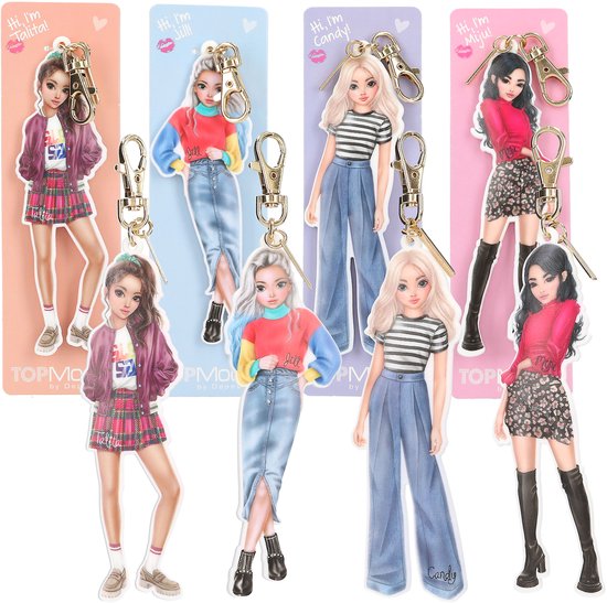 Vier Topmodel hangers: Talita in ruitjesrok, Jill in spijkerrok, Candy in blauwe broek en Miju in rok met hoge laarzen.