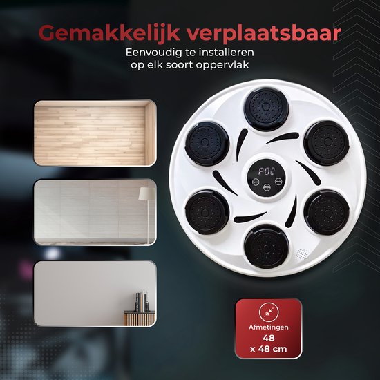 Witte boksmachine met 6 verlichte doelen, 48x48cm, op diverse ondergronden.