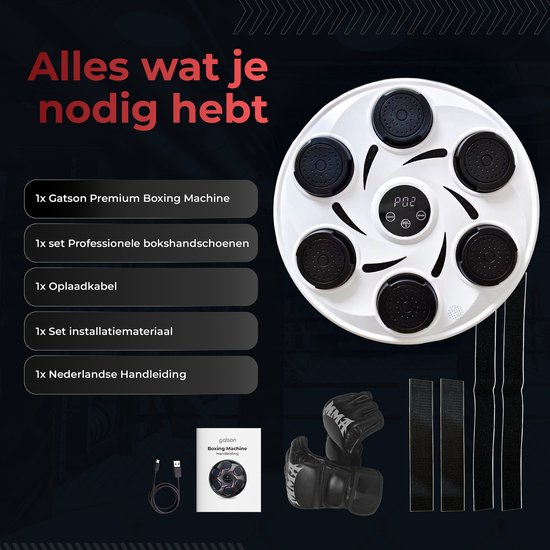 Witte boksmachine, bokshandschoenen, oplaadkabel, installatiemateriaal en handleiding.