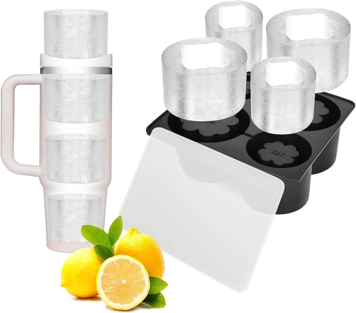 ByShane - Siliconen ijsblokjeshouder met deksel voor grote ijsblokjes - 4 vakken - Herbruikbaar voor whisky, cocktails, koffie - Geschikt voor 14-40 oz bekers