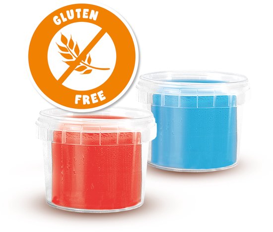 Twee potjes klei, rood en blauw, met een glutenvrij logo.