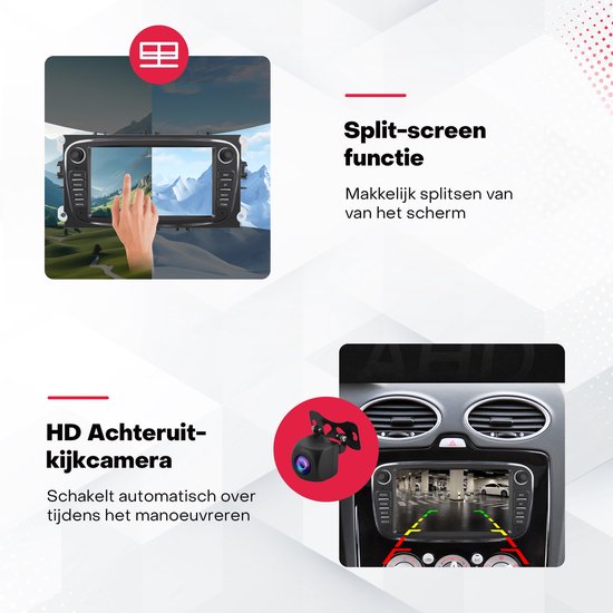 Functies van de autoradio: split-screen functie en HD achteruitrijcamera getoond op het scherm.