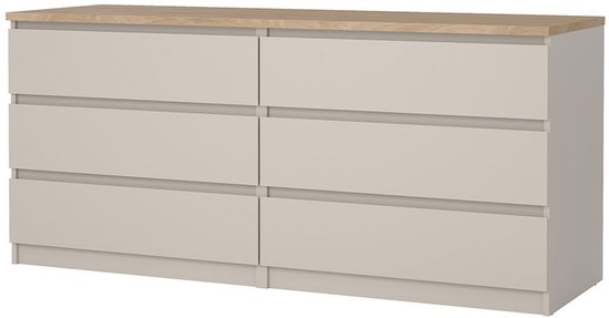 Commode gris clair avec six tiroirs et un plateau en chêne.