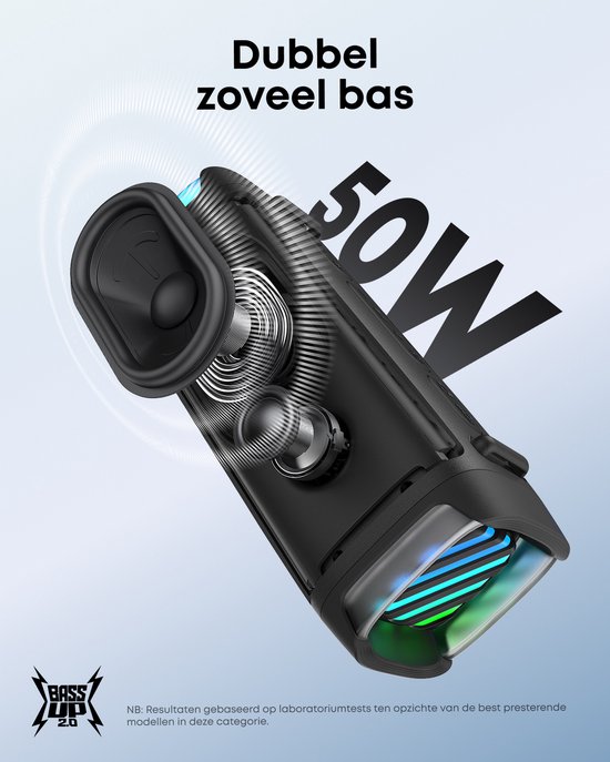 Doorsnede van een zwarte Soundcore speaker met 50W BassUp 2.0 en LED-verlichting aan de zijkanten.