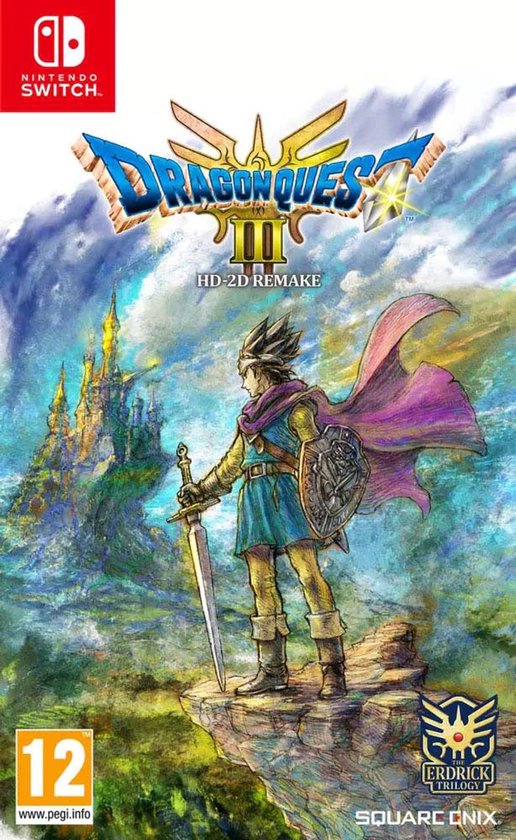De doos van Dragon Quest III HD - 2D Remake voor Nintendo Switch. Een held met zwaard staat op een klif.
