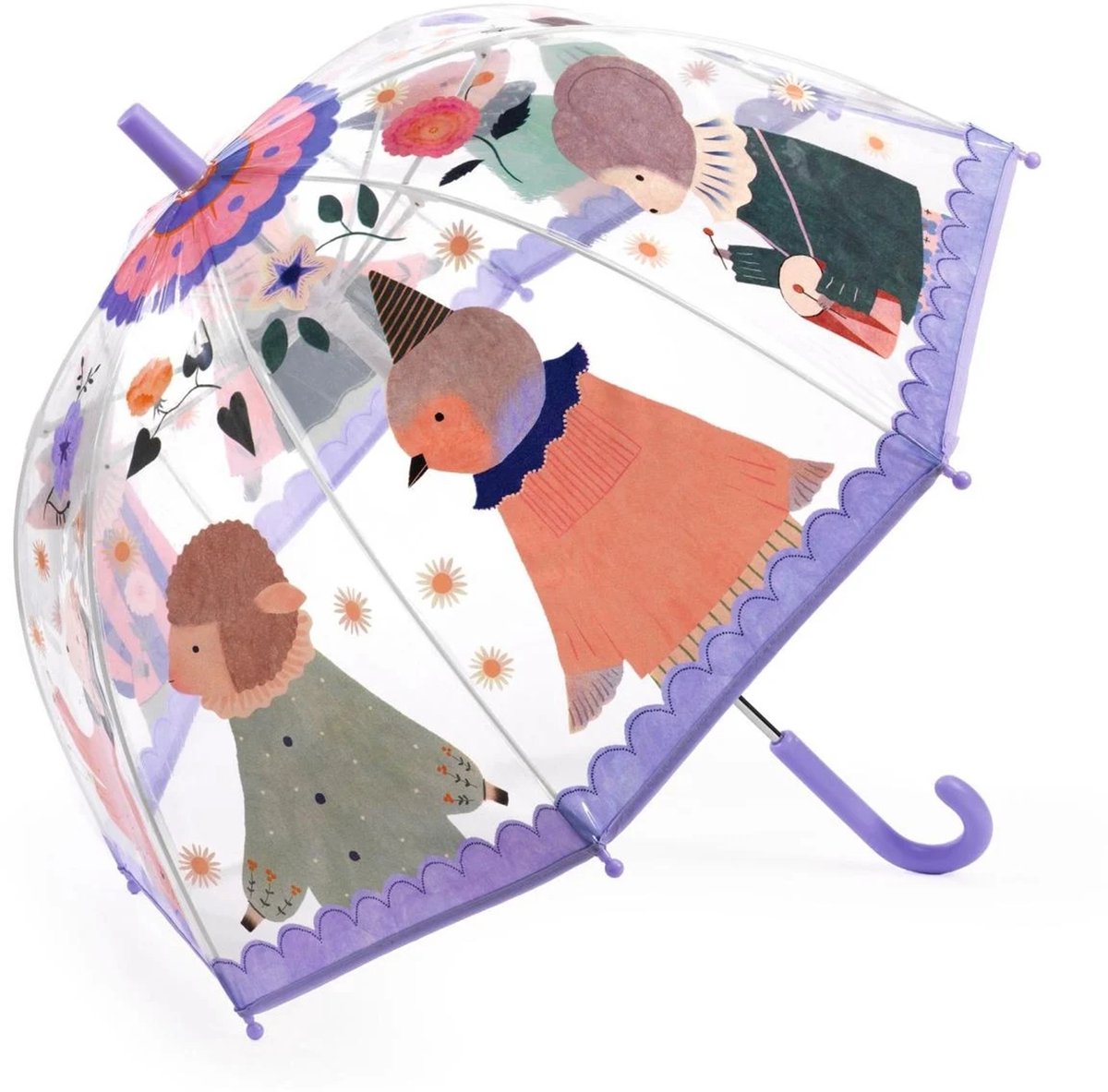 Djeco kinderparaplu muzikale dieren transparant kleurrijk regenaccessoire.