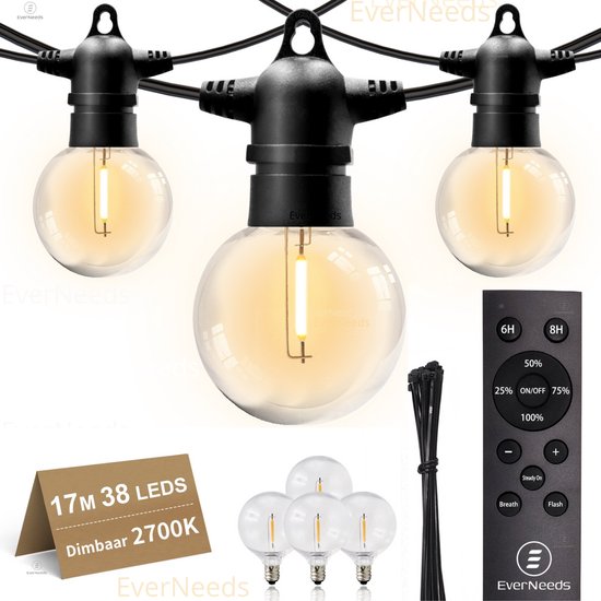 EverNeeds G50 Lichtsnoer Voor Buiten- 17 Meter - 38 LED - Afstandsbediening - Met Dimfunctie - Lichtslinger - Sfeerverlichting Buiten en Binnen - Tuinverlichting - Lampjes Slinger - IP65 - 4 Extra Leds