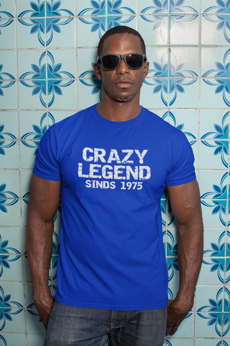 1975 Jaar Blauw T-shirt Heren - Maat L - Crazy Legend - Verjaardag Cadeau Mannen - Limited Edition