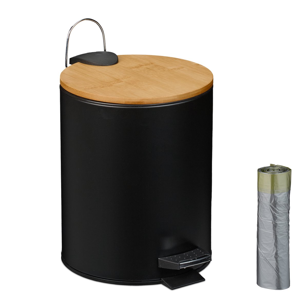 pedaalemmer 5 l - softclose - met vuilniszakken - bamboe deksel - badkamer - zwart