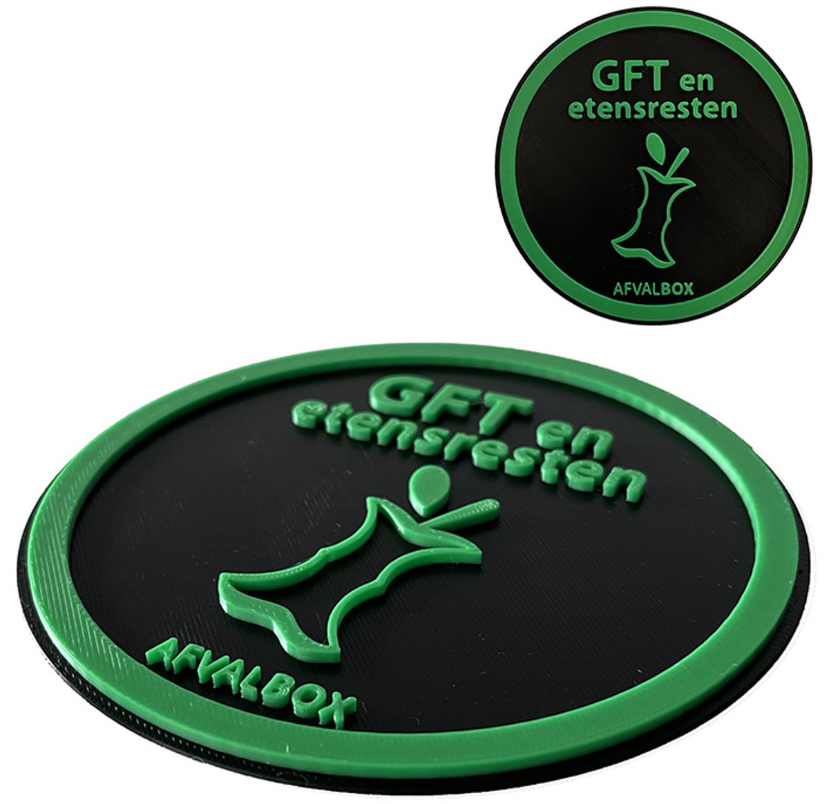 Afvalsticker GFT – 3D Opdruk – Duurzaam Kunststof Bordje – Met tape – Ø12 cm – 3 mm Dik