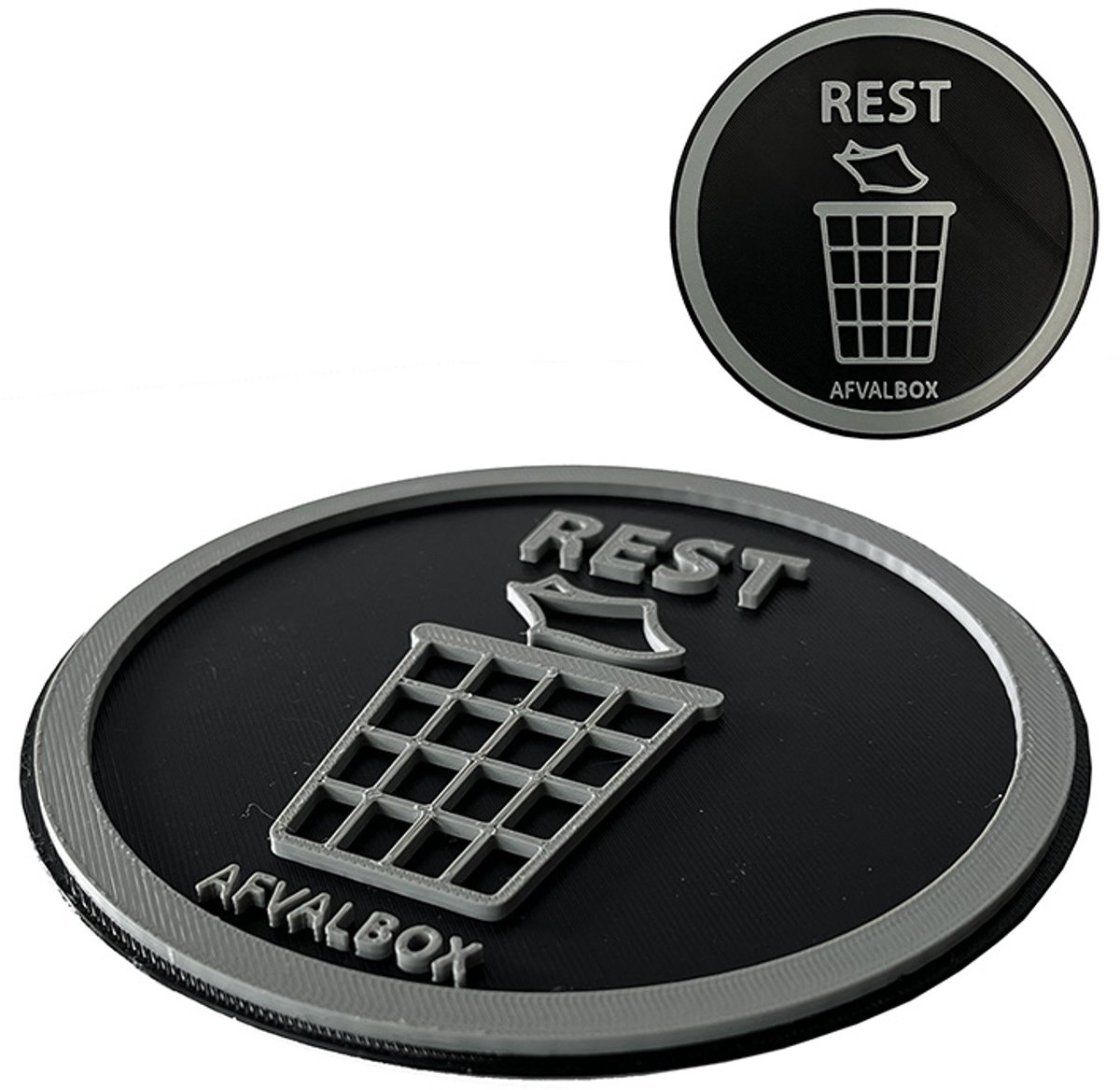 Afvalsticker Rest – 3D Opdruk – Duurzaam Kunststof Bordje – Met tape – Ø12 cm – 3 mm Dik