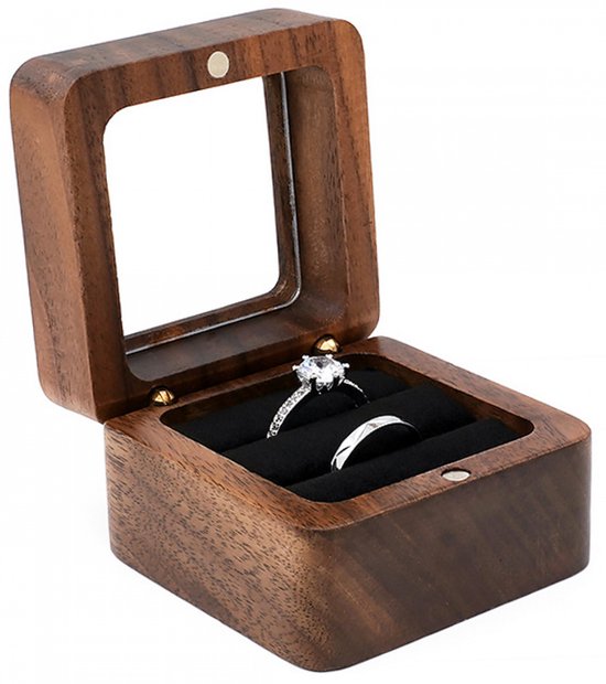 Ringdoos van Hout - Huwelijk - Aanzoek - Sieradendoosje - Bruiloft - Oorbellen doosje - Luxe Ringdoosje - Walnoot hout - Sieradendoos - Ring Box - Juwelendoos - Zwart
