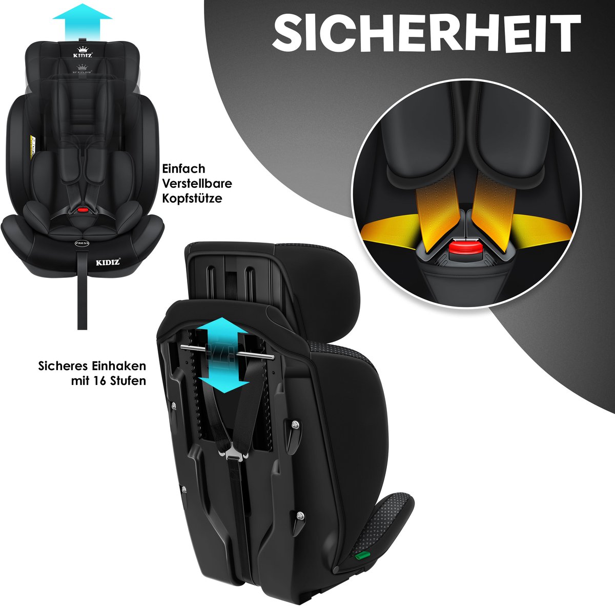 KIDIZ® Autostoeltje | Groep 1+2+3 | 9-36 kg 5-punts veiligheidsgordel, Autostoeltje, Kinderzitje, Verstelbare Hoofdsteun | Stoelverhoger 1-12 jaar, Stabiel en Veilig - Zwart – foto 8