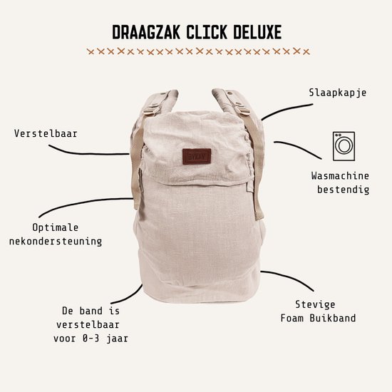 ByKay Draagzak Click Carrier Deluxe PRO - Luxe Draagzak Draagzak Baby vanaf broekmaat 62/68 tot +/- 3jaar - Maximale Ondersteuning, Comfort & Ergonomie - Click & Go - voor Buik, Heup en Rug - Linnen Oat van Merkloos — afbeelding 4