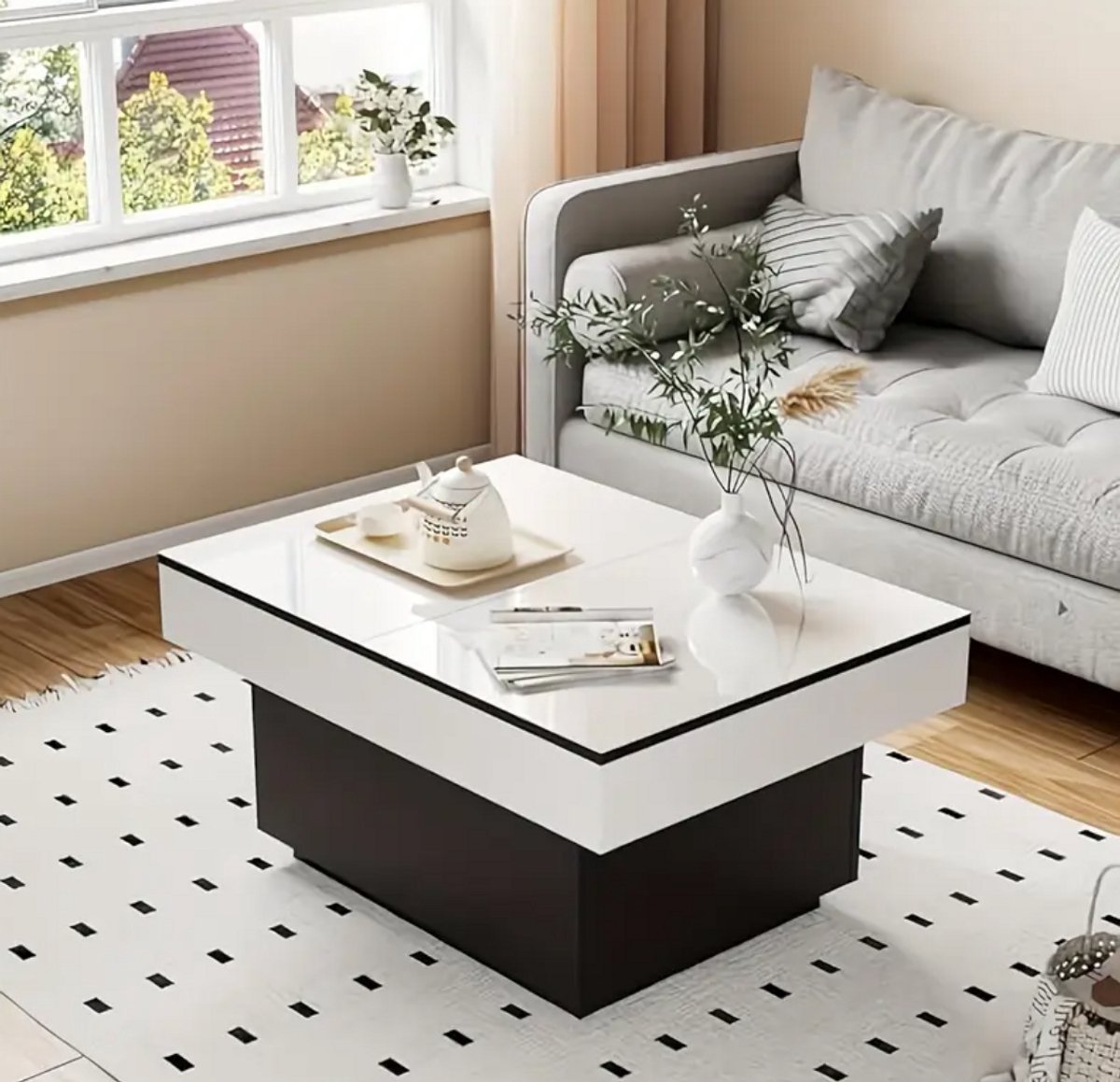 Moderne Witte Salontafel met Hoogglans Afwerking – Vierkant Design met Verborgen Opbergruimte – Uitschuifbaar – 80x58 cm