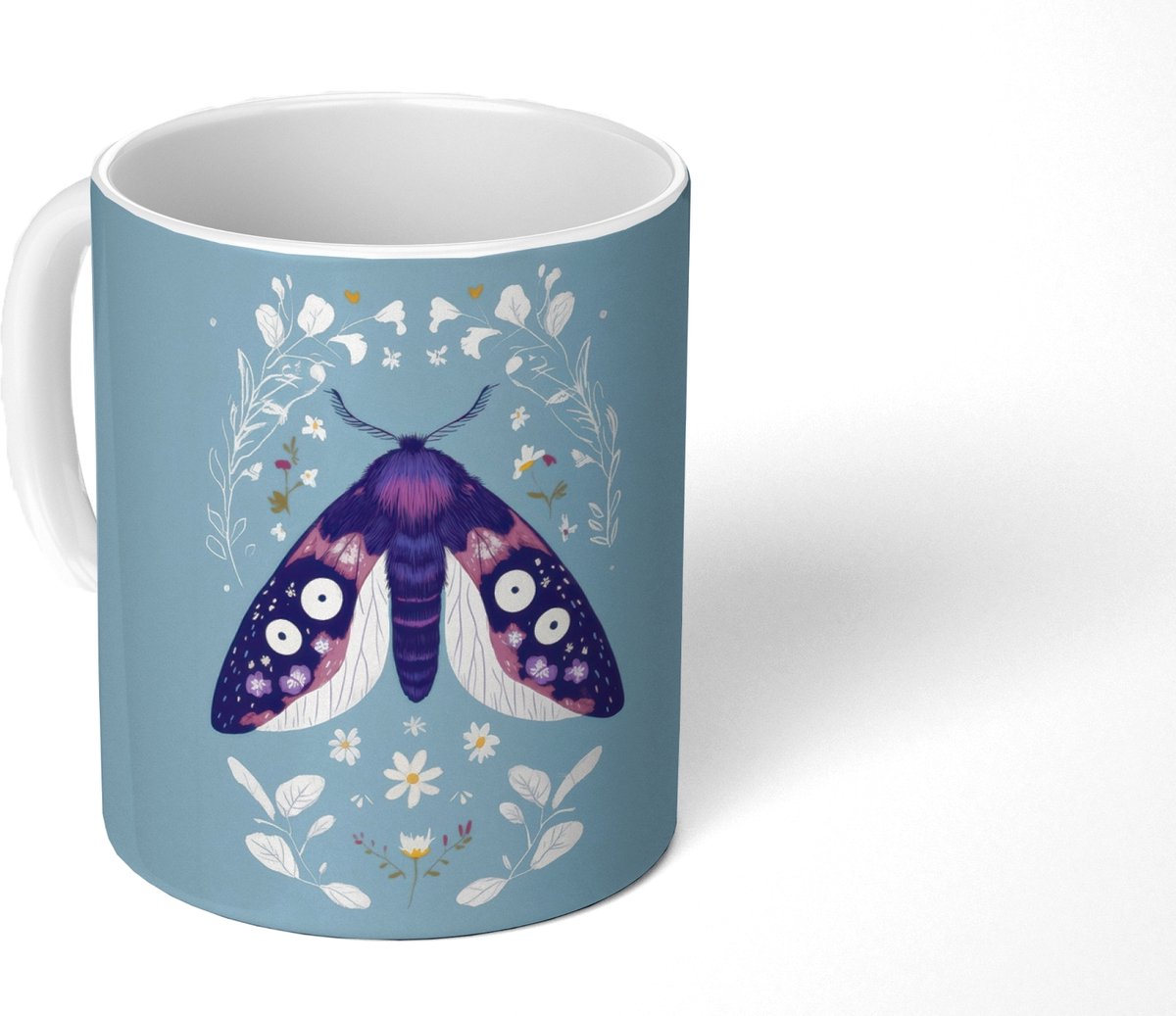 Mok - Koffiemok - Bladeren - Wit - Vlinder - Insect - Mokken - 350 ML - Beker - Koffiemokken - Theemok