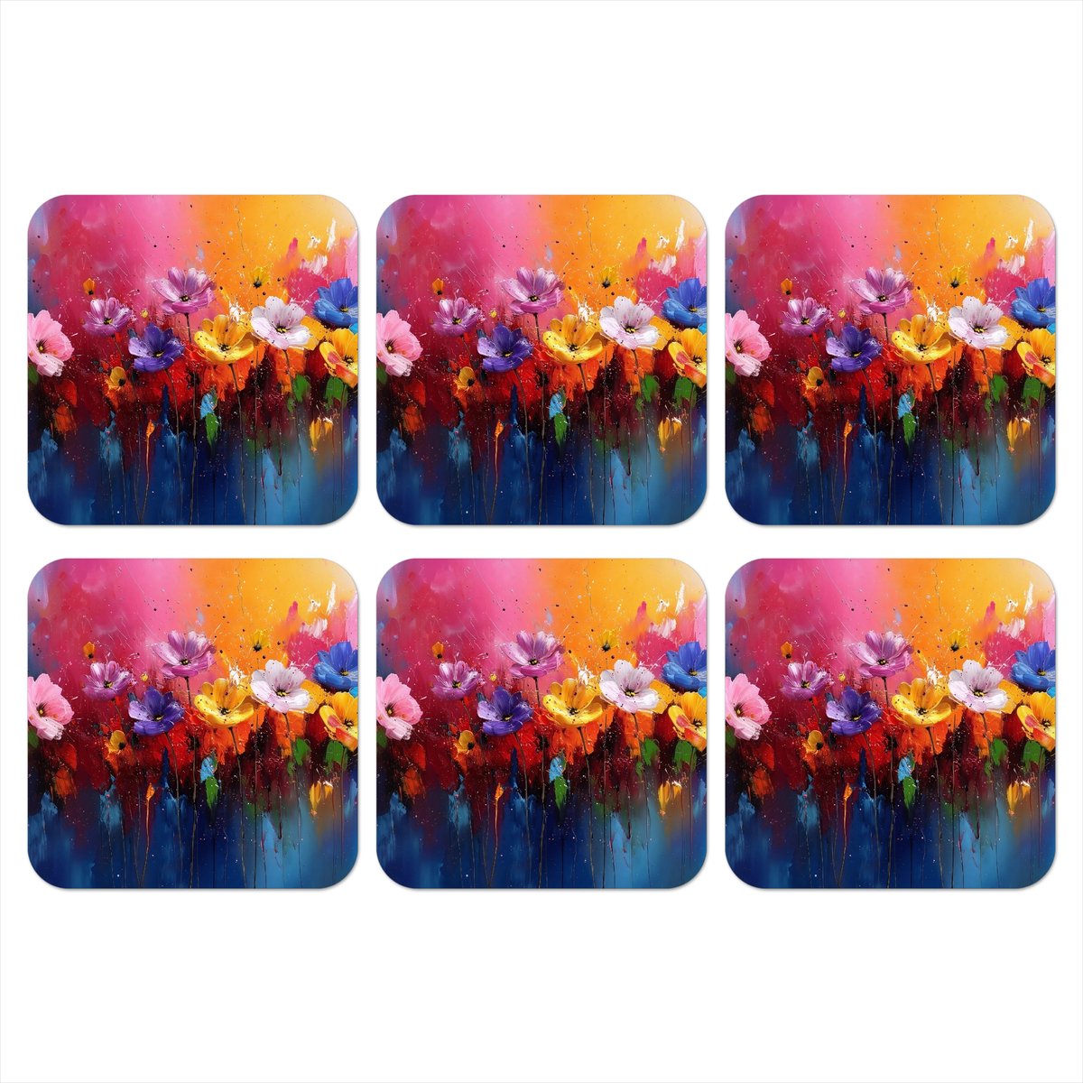 Onderzetters voor glazen - Fantasiebloemen - Verf - Speels - 10x10 cm - Glasonderzetters - 6 stuks