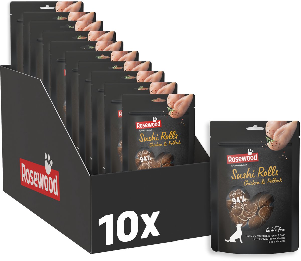 Rosewood Sushi Rolls Kip & Koolvis - Hondensnack - Zachte Verwensnack met Kip & Vis - Graanvrij - Zonder Kunstmatige Toevoegingen - 10 zakjes à 100g