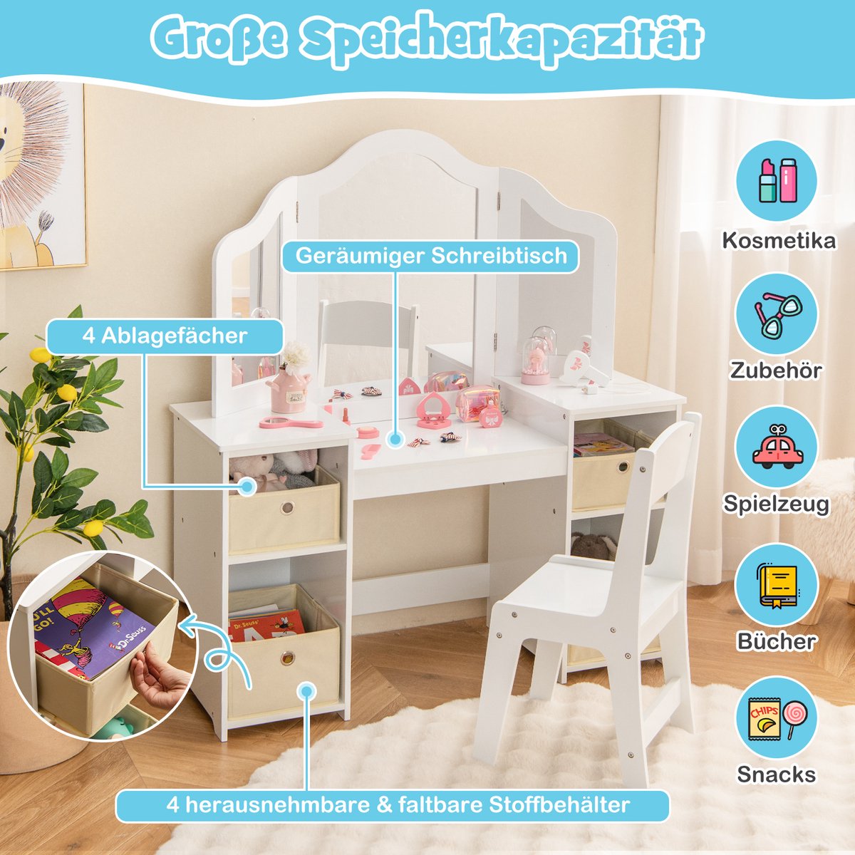 Costway 2-in-1 Kaptafel Kind - Make-uptafel & Bureau voor Meisjes - Wit — afbeelding 6