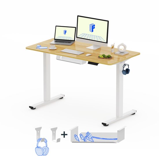 FlexiSpot Elektrisch Verstelbaar Bureau met Lade, Kabelbeheer en 4 Geheugenstanden – Naturel houtkleur – 100 x 60 cm – Zit-Sta Bureau