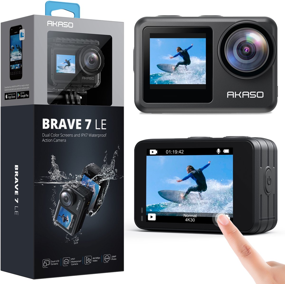 AKASO Brave 7 LE Action Camera 4K – Dubbel Touchscreen – IPX7 Waterdicht – Onderwatercamera tot 40 m – EIS – WiFi – Afstandsbediening – Inclusief Accessoireset