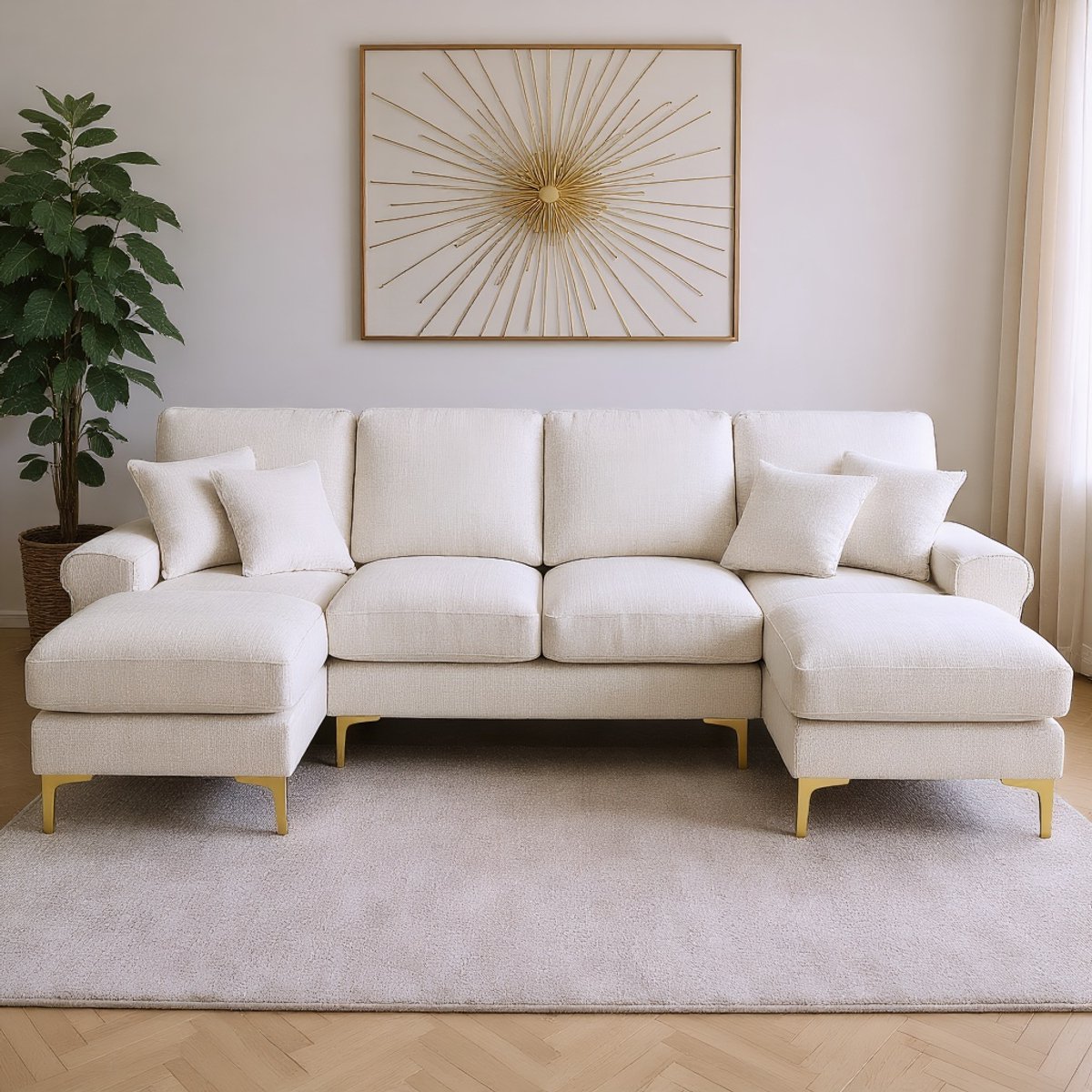 Gutent Sofa - Chenille stof - U-vormige bank met dubbele chaise longue - Beige