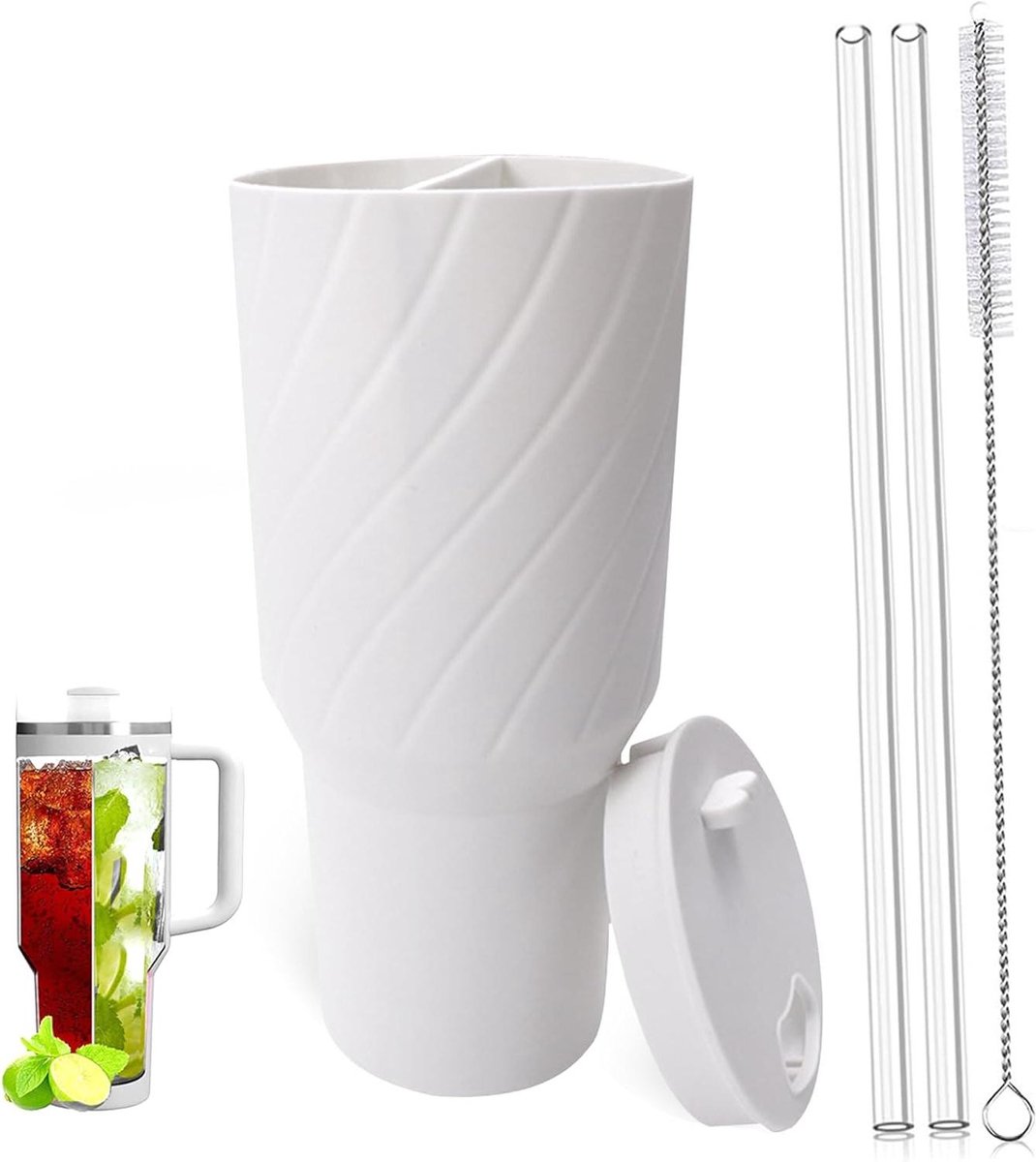 ByShane - 2-in-1 siliconen beker accessoires met rietjes en borstel | Feestjes Vrije Tijd Outdoor Kantoor | Beige | Duurzaam ontwerp