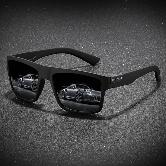 Lunettes de soleil homme – Monture Zwart mat – Verres rectangulaires foncés – Imprimé « Polarisé » – Design sportif et minimaliste