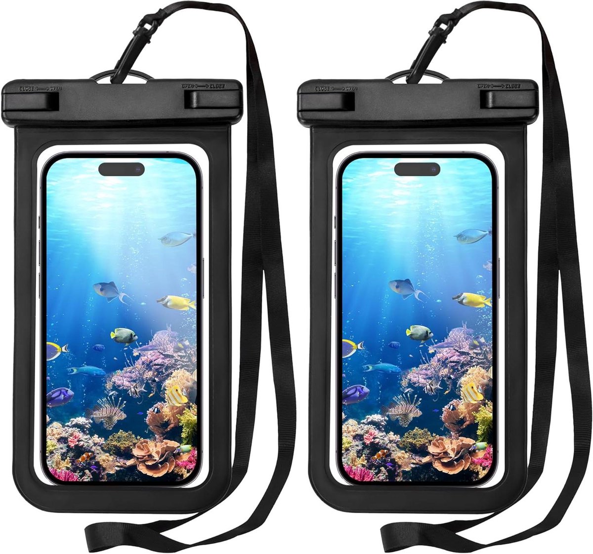 Waterproof telefoonhoesje voor onderwater gebruik - Dubbel afgesloten waterdichte hoes voor zwemmen, duiken en baden - Geschikt voor smartphones tot 6.7 inch - Set van 2 (Zwart)