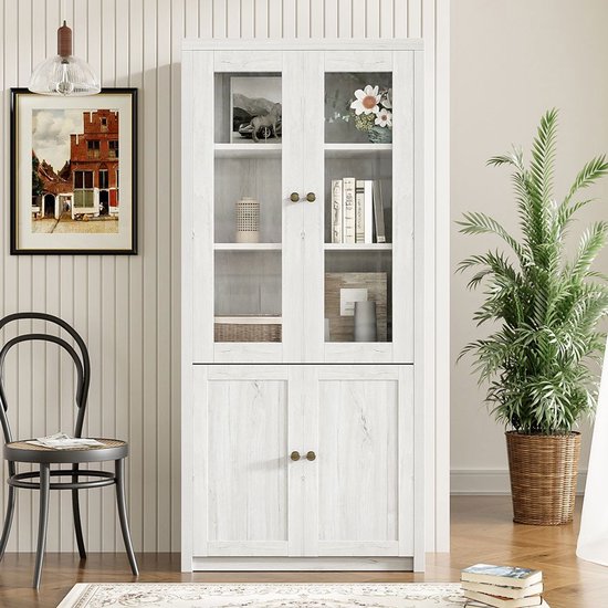 Pugsdrly Armoire haute moderne 80x34x171 cm - aspect bois avec portes vitrées, 2 portes en bois et poignées en cuivre - espace de rangement élégant pour le salon, le bureau et le couloir