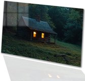 Knusse blokhut in het bos - Natuur schilderij op glas - Schilderijen cabin - Realisme - Kunst op acrylglas - Slaapkamer accessoires - acrylglas 120x80 cm