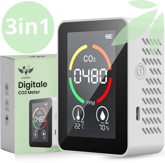 Vestifex® CO2 Meter - 3 in 1 Luchtkwaliteitsmeter - CO2 Meter Binnen - Thermometer - Hygrometer - Inclusief CO2 Alarm en USB-kabel