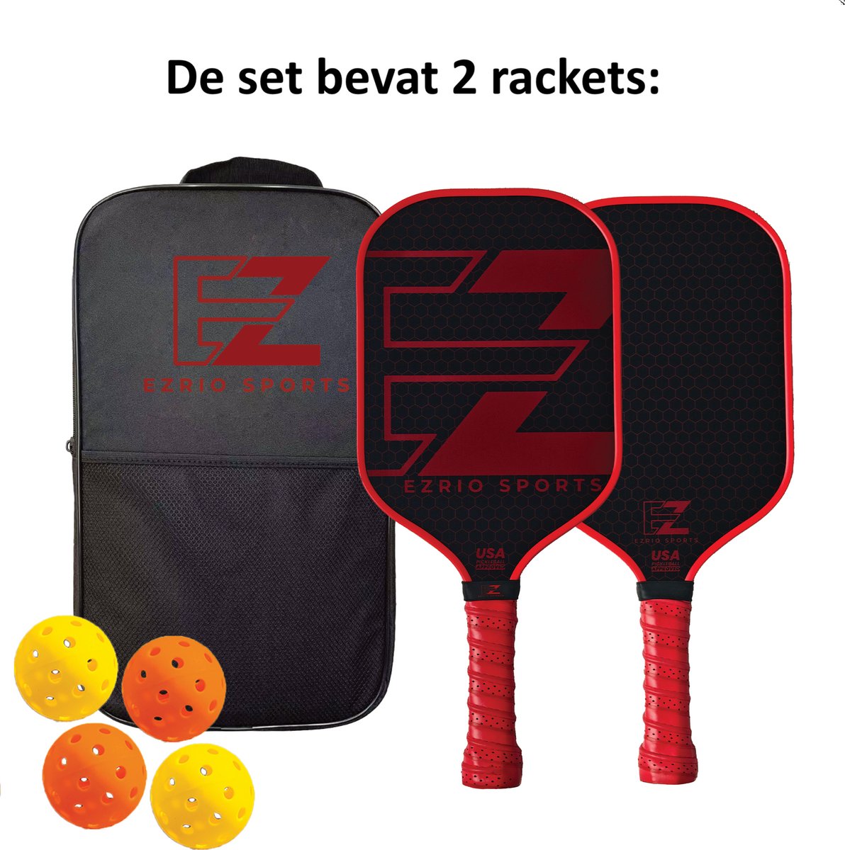 Pickleball Set – Pickleball Paddles/Rackets – Peddel – Padel – Padel Rackets – 18K Carbon – Inclusief Tas en Ballen – Inclusief Tas/Cover – Zwart – Rood