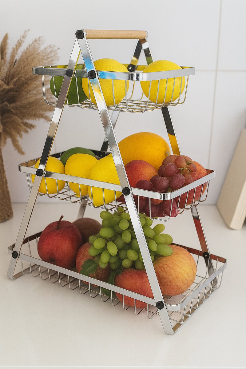 Kadirelli 3-Laags Zilveren Fruitmand – Luxe Metalen Etagère met Houten Handvat – Keuken Organizer voor Fruit, Groente en Snacks