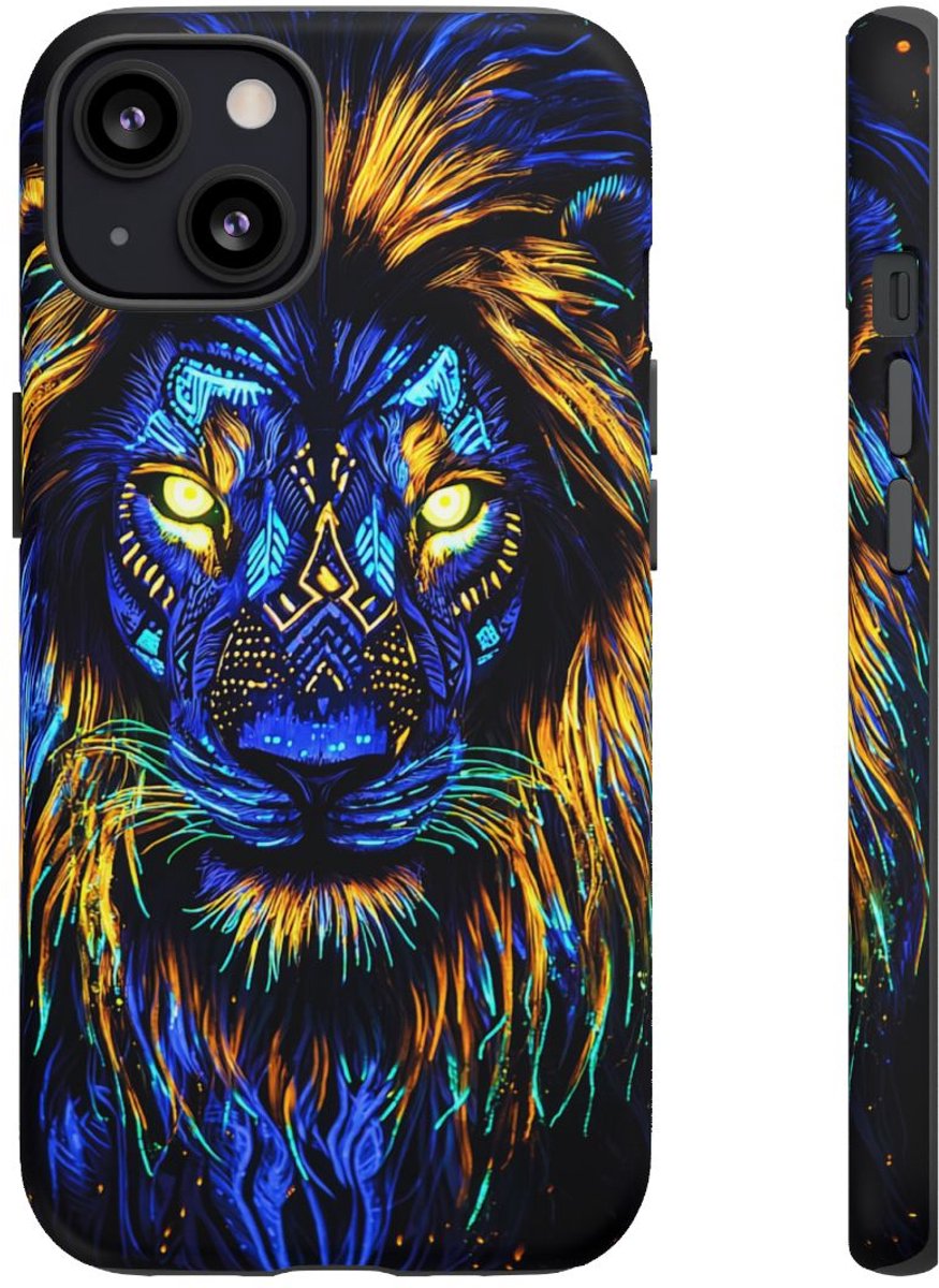 Lichtgevende Leeuwenkop met Kosmische Accenten – Telefoonhoesje Geschikt voor iPhone 13
