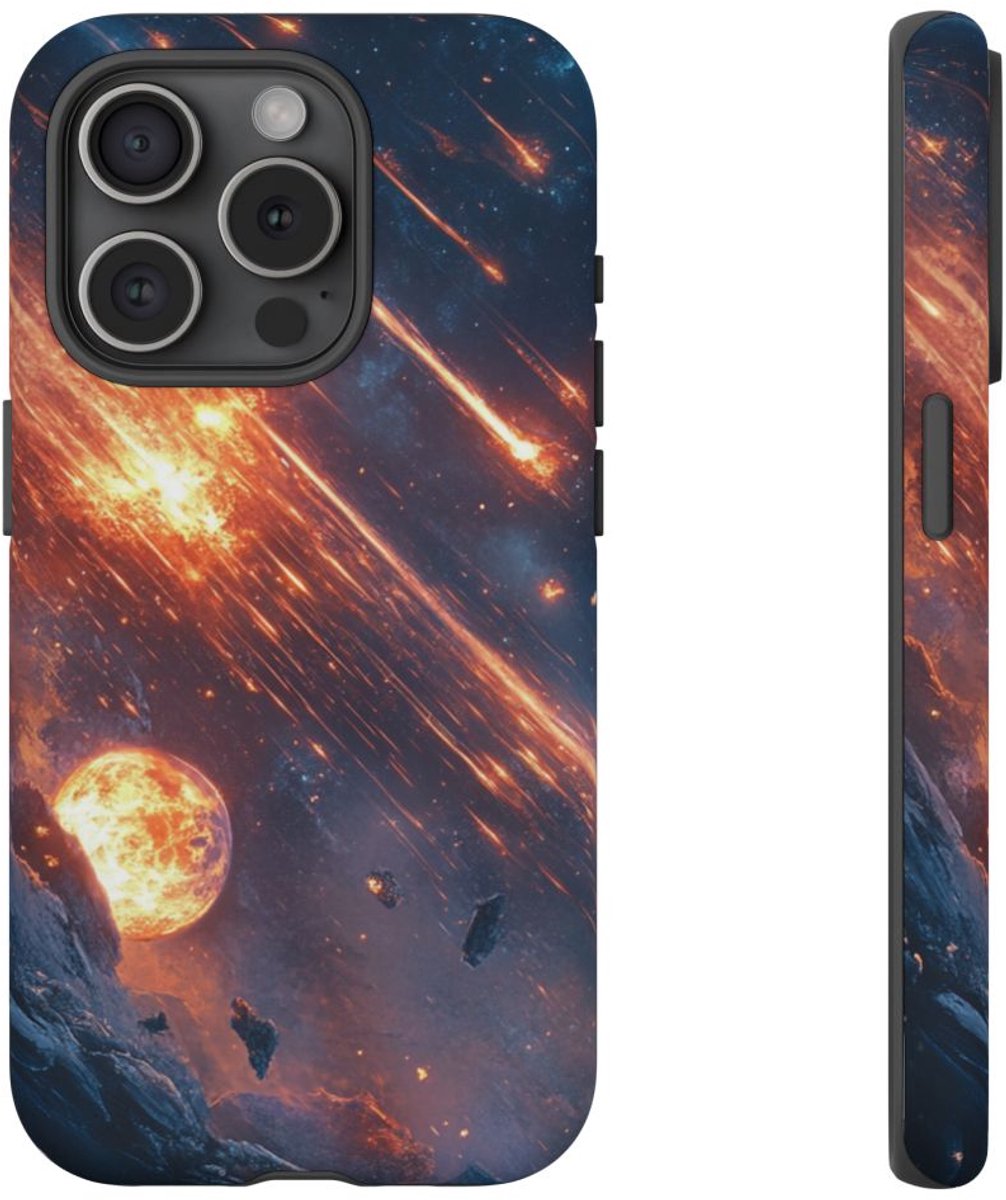 Oogvormige Meteoren en Kosmisch Landschap – Telefoonhoesje Geschikt voor iPhone 15 Pro
