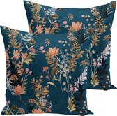Bedrukt Kussenhoesje Flora - Velvet Kussenhoes set van 2 - 45x45 cm - Bloemen op Donkerblauw - Aan beide zijdig bedrukt