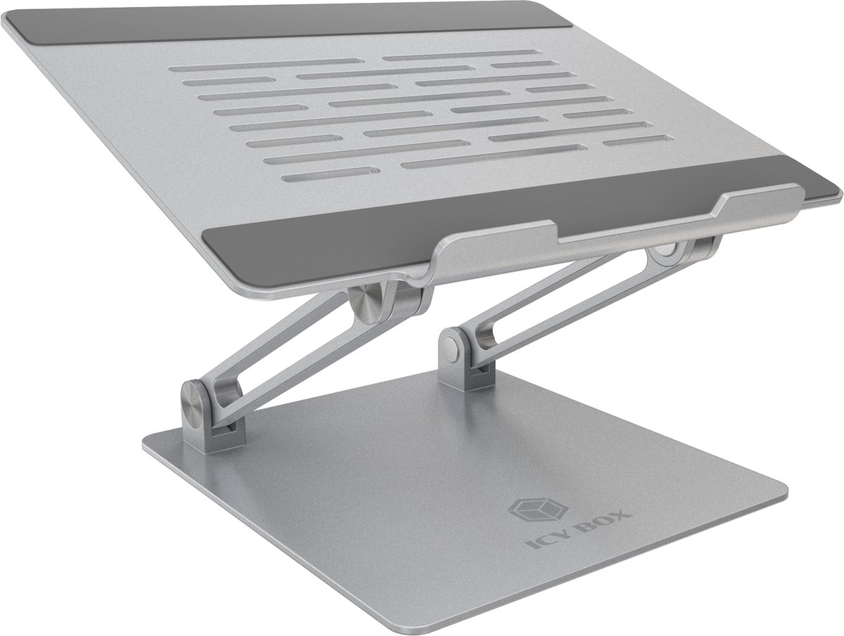 ICY BOX IB-NH300 Ergonomische Aluminium Laptopstandaard tot 17 inch – Verstelbare Z-vorm, Inklapbaar, Met Antislip Silicone Pads & Ventilatiesleuven voor Verbeterde Koeling
