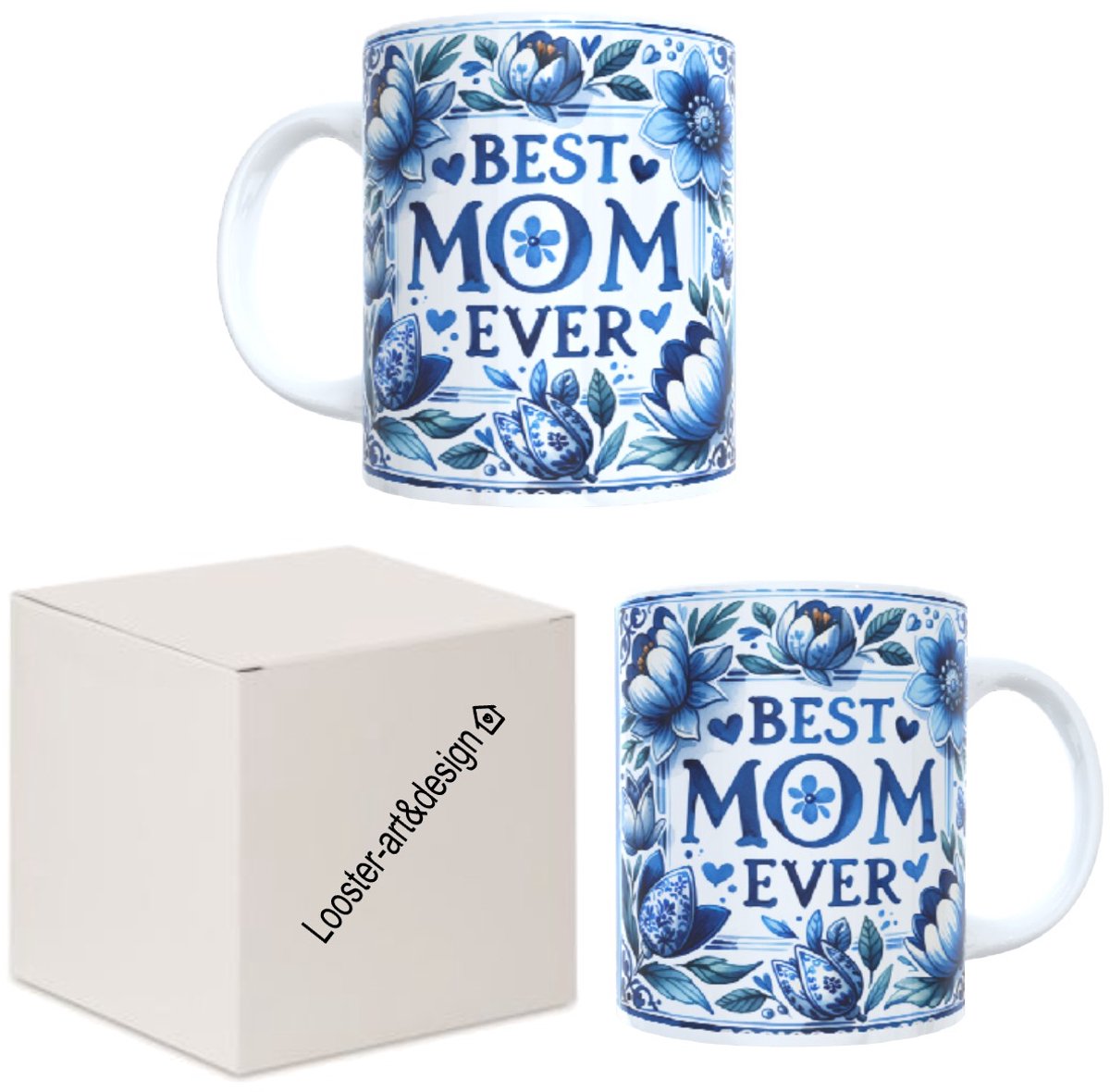 Bedrukte koffie beker - thee mok - tekst Best Mom - blauwe bloemen - moeder - mama