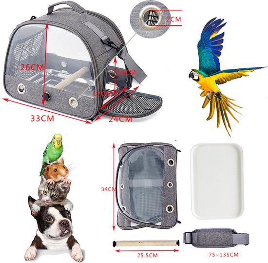 Rugzak voor vogels met houten stok, vogeldraagtas met staande paal en roestvrijstalen dienblad, lichtgewicht rugzak voor papegaai, met roestvrijstalen dienblad en staande paal-grijs