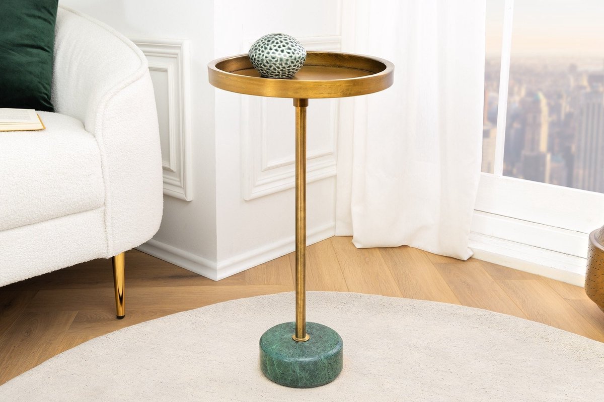 Ronde Bijzettafel TRAYFUL 60cm Messing Antiek IJzer Groen Marmeren Voet Handgemaakt - 44848