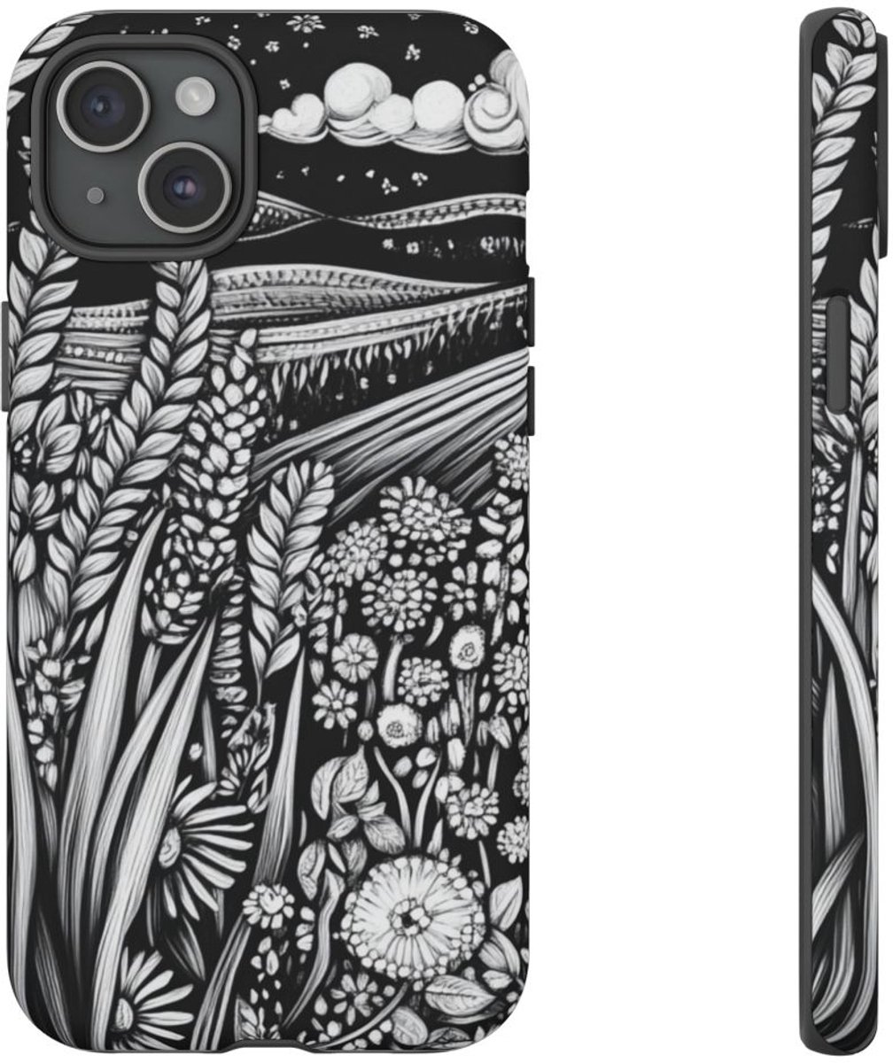 Zwart-Wit Korenveld met Bloemen – Telefoonhoesje Geschikt voor iPhone 15 Plus