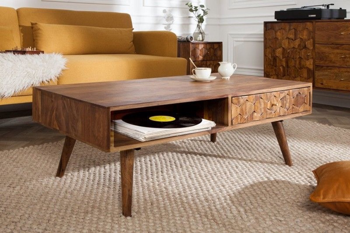 Massieve salontafel MYSTIC LIVING 100cm Sheesham naturel 3D oppervlak massief hout - 39743