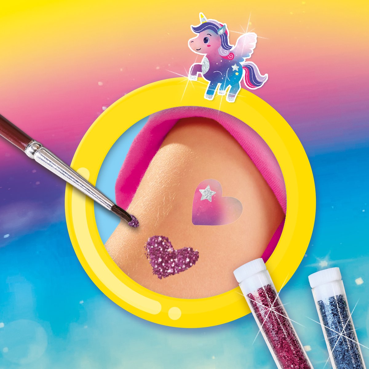 SES Creative Galaxy Unicorn Tattoos met Cosmetische Glitter - 32 Stuks - Voor Meisjes vanaf 5 Jaar - Tattoos Kinderen - Eenvoudig Verwijderbaar - Schoencadeautjes Sinterklaas — cadeau in Hobby - foto 5