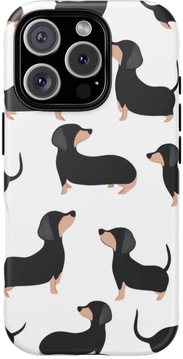 Minimalistisch Zwart en Bruin Teckelpatroon – Telefoonhoesje Geschikt voor iPhone 16 Pro