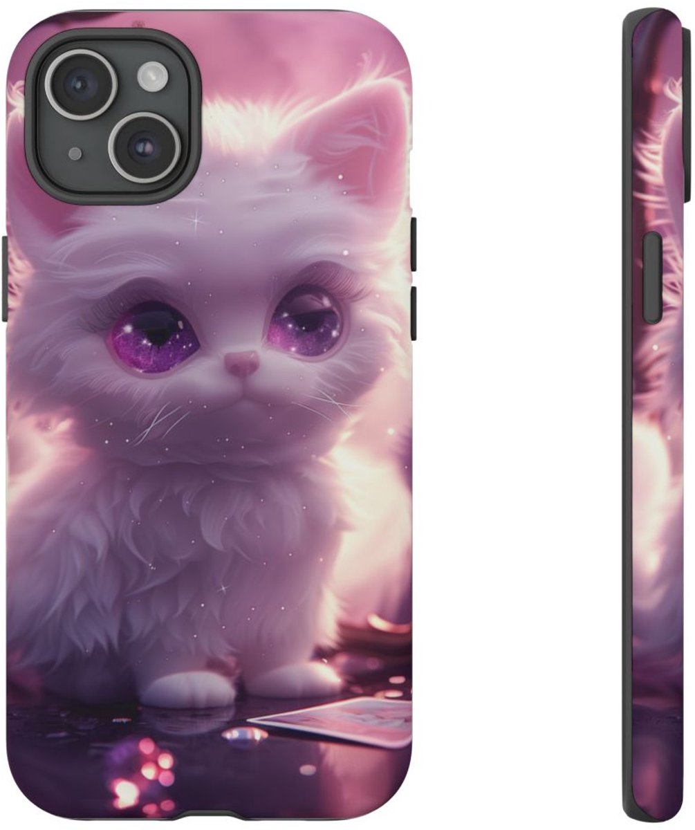 Witte Pluizige Kat met Paarse Ogen – Telefoonhoesje Geschikt voor iPhone 15 Plus